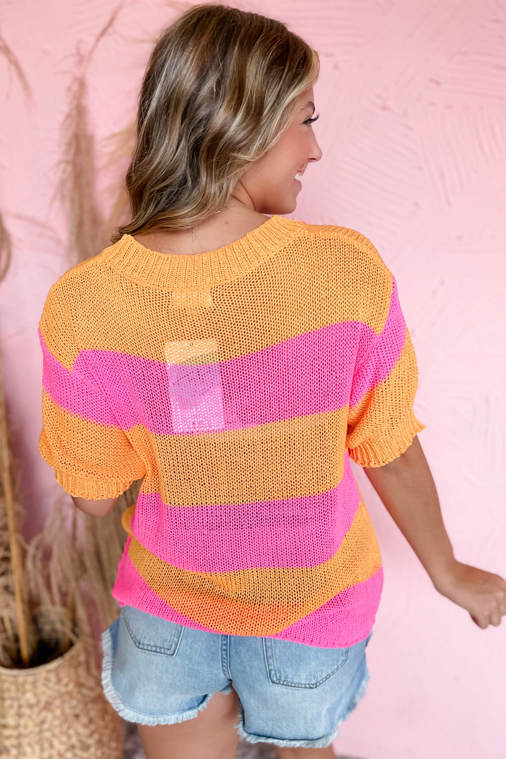 Orange Stripe Color Block Short Sleeve Knitted Sweater T Shirt Sweaters & Cardigans JT's Designer Fashion