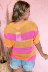 Orange Stripe Color Block Short Sleeve Knitted Sweater T Shirt Sweaters & Cardigans JT's Designer Fashion