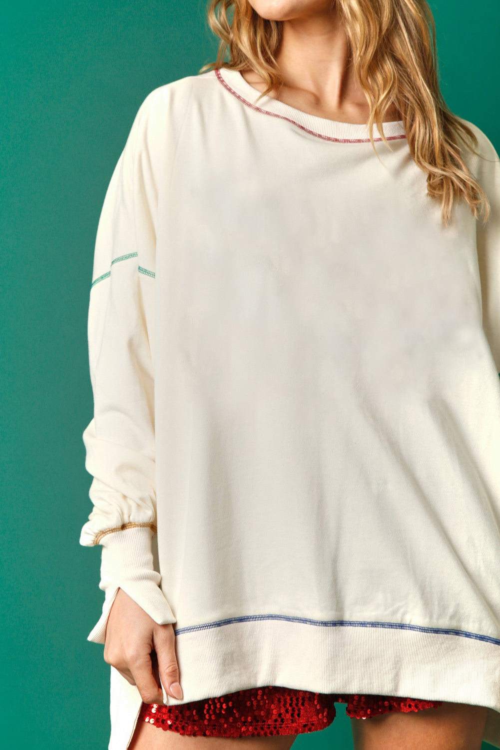 White Contrast Stitching Split Baggy Sweatshirt Sweatshirts & Hoodies JT's Designer Fashion
