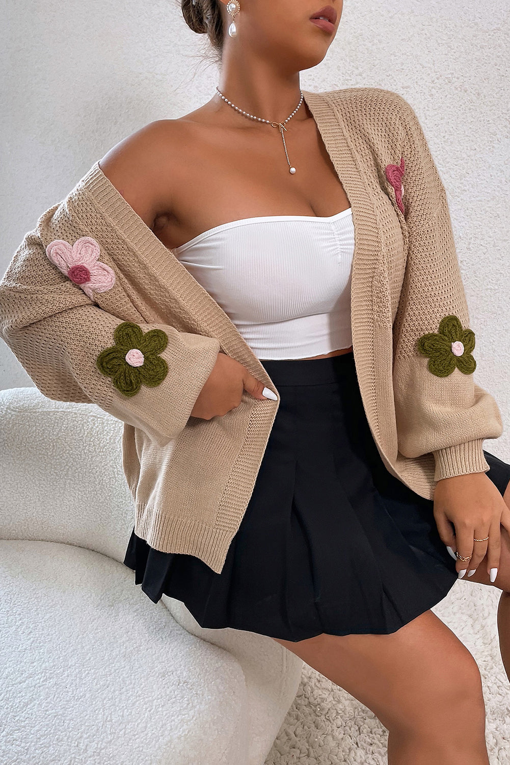 Smoke Gray Floral Applique Drop Shoulder Bubble Sleeve Cardigan Sweaters & Cardigans JT's Designer Fashion