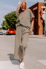 Brown Gray Textured Loose Fit T Shirt and Drawstring Pants Set Bottoms JT's Designer Fashion