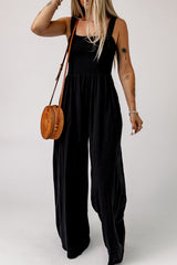 Black Smocked Sleeveless Wide Leg Jumpsuit with Pockets Jumpsuits & Rompers JT's Designer Fashion
