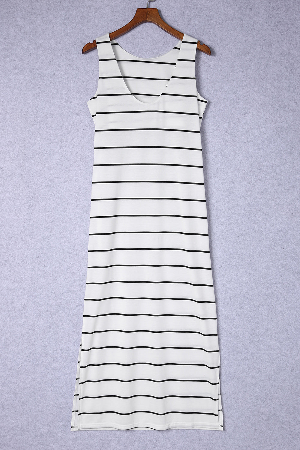 White Stripe Print Open Back Sleeveless Long Dress with Slits Maxi Dresses JT's Designer Fashion