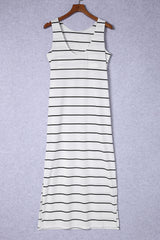 White Stripe Print Open Back Sleeveless Long Dress with Slits Maxi Dresses JT's Designer Fashion