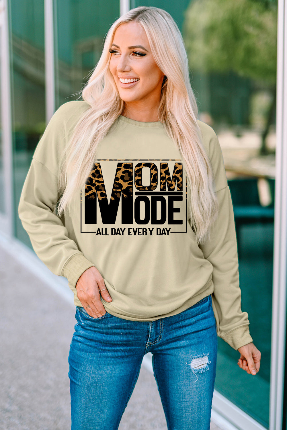 Khaki MOM MODE Leopard Print Long Sleeve Sweatshirt Graphic Sweatshirts JT's Designer Fashion