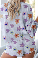 White Floral Long Sleeve Henley Top and Drawstring Shorts Set Loungewear JT's Designer Fashion