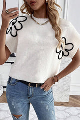 White Floral Pattern Short Batwing Sleeve Sweater Sweaters & Cardigans JT's Designer Fashion