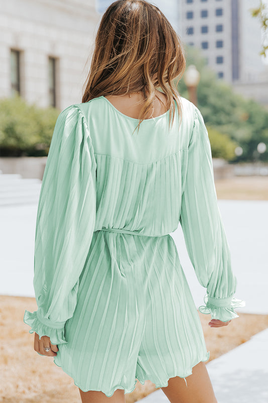 Green Pleated Ruffled Tie Waist Buttons V Neck Romper Jumpsuits & Rompers JT's Designer Fashion