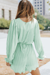 Green Pleated Ruffled Tie Waist Buttons V Neck Romper Jumpsuits & Rompers JT's Designer Fashion