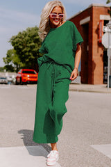 Dark Green Gray Textured Loose Fit T Shirt and Drawstring Pants Set Bottoms JT's Designer Fashion