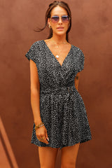 Black Leopard Print Belted V Neck Short Sleeve Romper Jumpsuits & Rompers JT's Designer Fashion