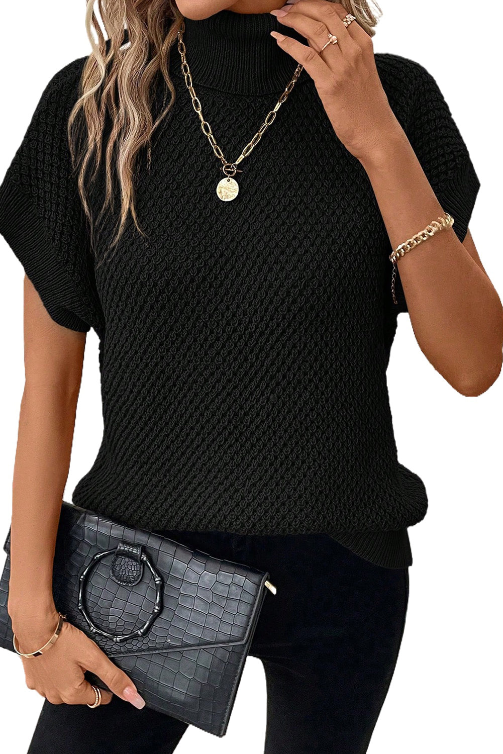 Black Ribbed Turtleneck Textured Short Sleeve Sweater Sweaters & Cardigans JT's Designer Fashion