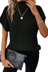 Black Ribbed Turtleneck Textured Short Sleeve Sweater Sweaters & Cardigans JT's Designer Fashion