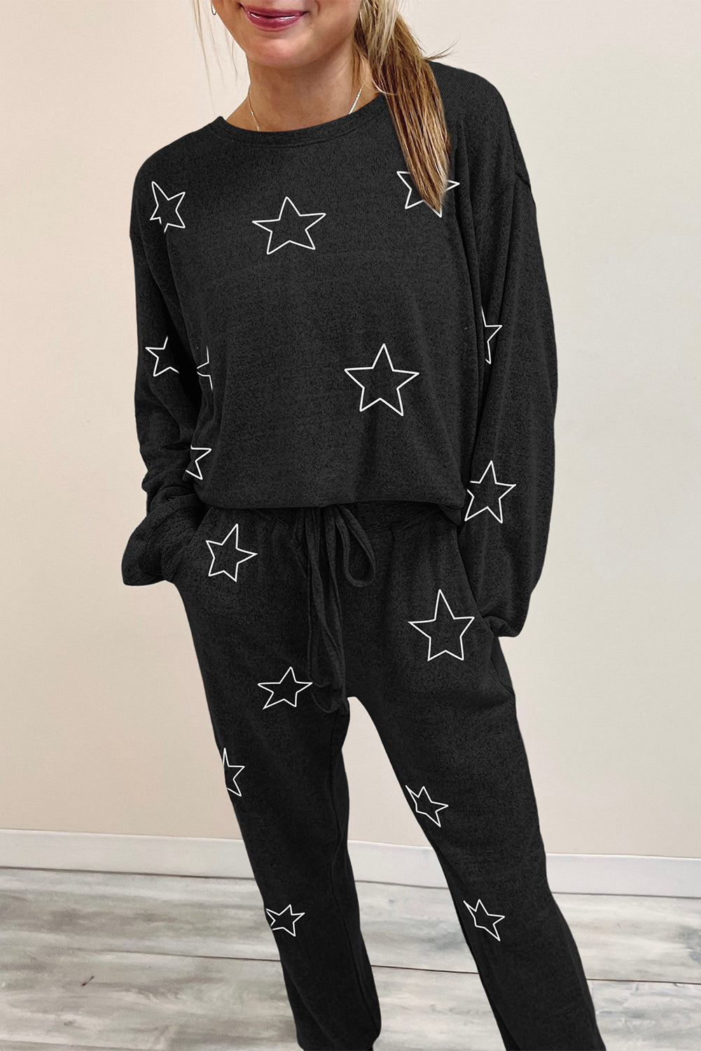 Black Stars Print Long Sleeve Drawstring High Waist Lounge Set Bottoms JT's Designer Fashion