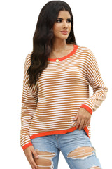 Brown Contrast Trimmed Striped Drop Shoulder Sweater Sweaters & Cardigans JT's Designer Fashion