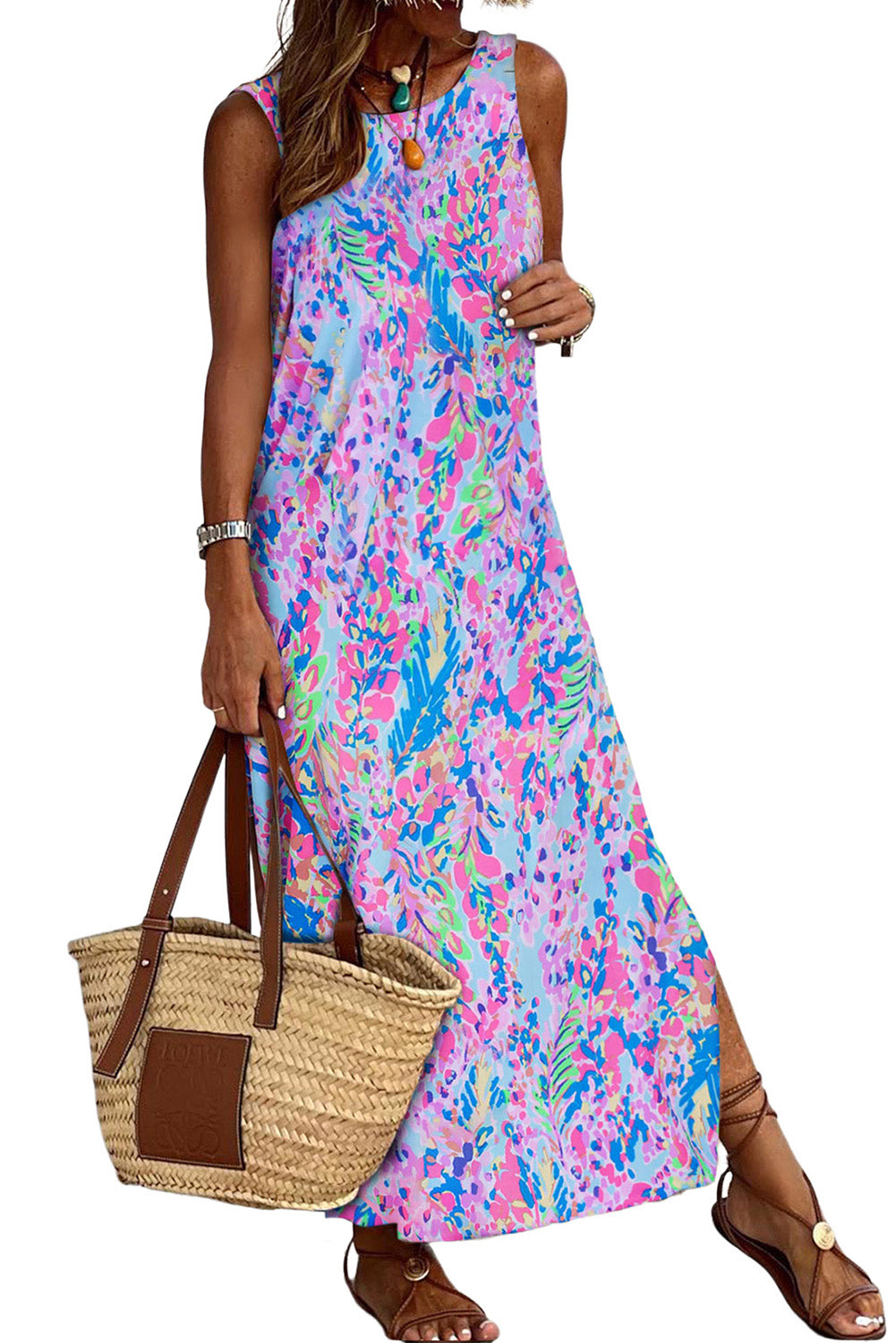 Purple Abstract Floral Print Sleeveless Long Dress Maxi Dresses JT's Designer Fashion