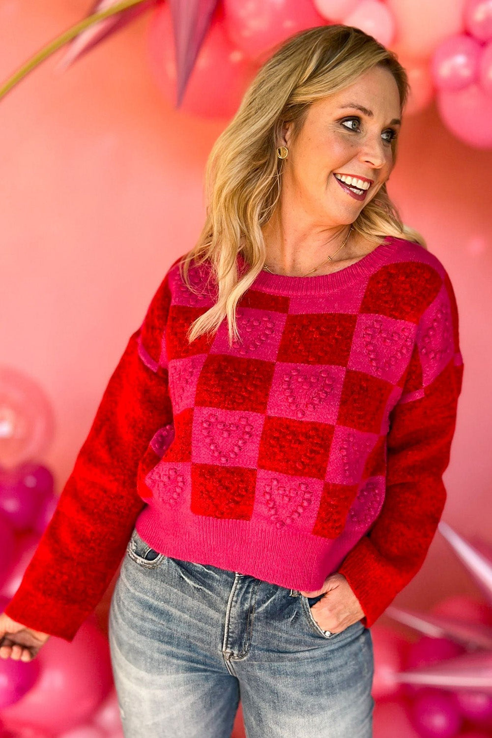 Multicolor Checkered Pattern Heart Detail Textured Sweater Sweaters & Cardigans JT's Designer Fashion