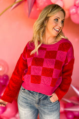 Multicolor Checkered Pattern Heart Detail Textured Sweater Sweaters & Cardigans JT's Designer Fashion