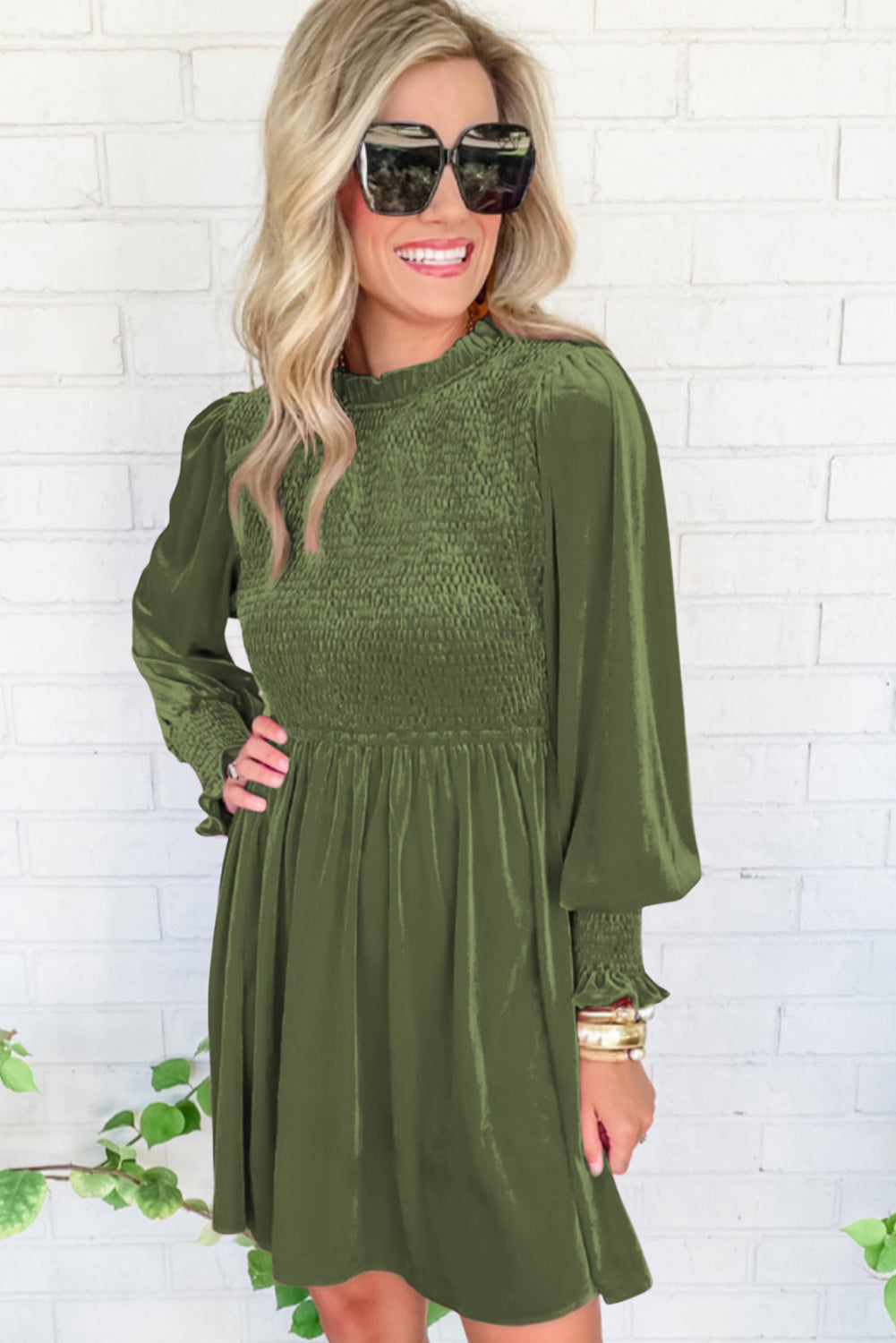 Moss Frilled Neck Smocked Bodice Velvet Dress Dresses JT's Designer Fashion