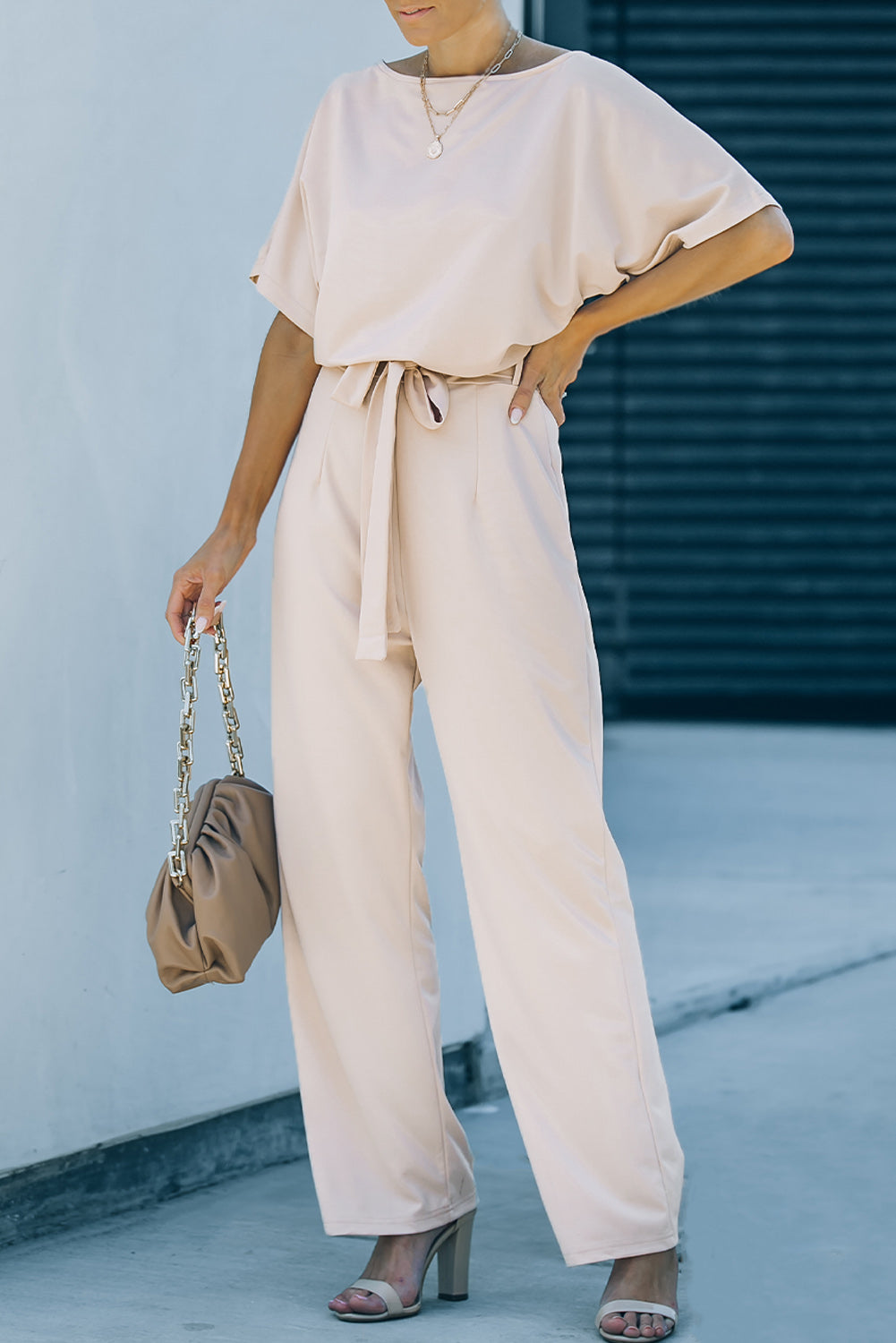 Apricot Oh So Glam Belted Wide Leg Jumpsuit Apricot 95%Polyester+5%Spandex Jumpsuits & Rompers JT's Designer Fashion