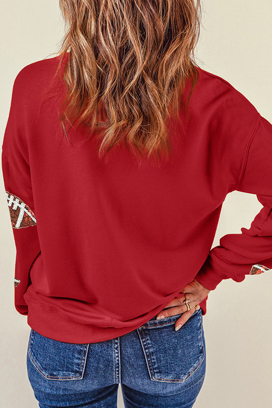 Red Sequined Rugby Graphic Drop Shoulder Sweatshirt Graphic Sweatshirts JT's Designer Fashion