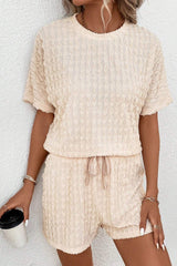 Beige Frill Textured Tee and Drawstring Shorts Bottoms JT's Designer Fashion