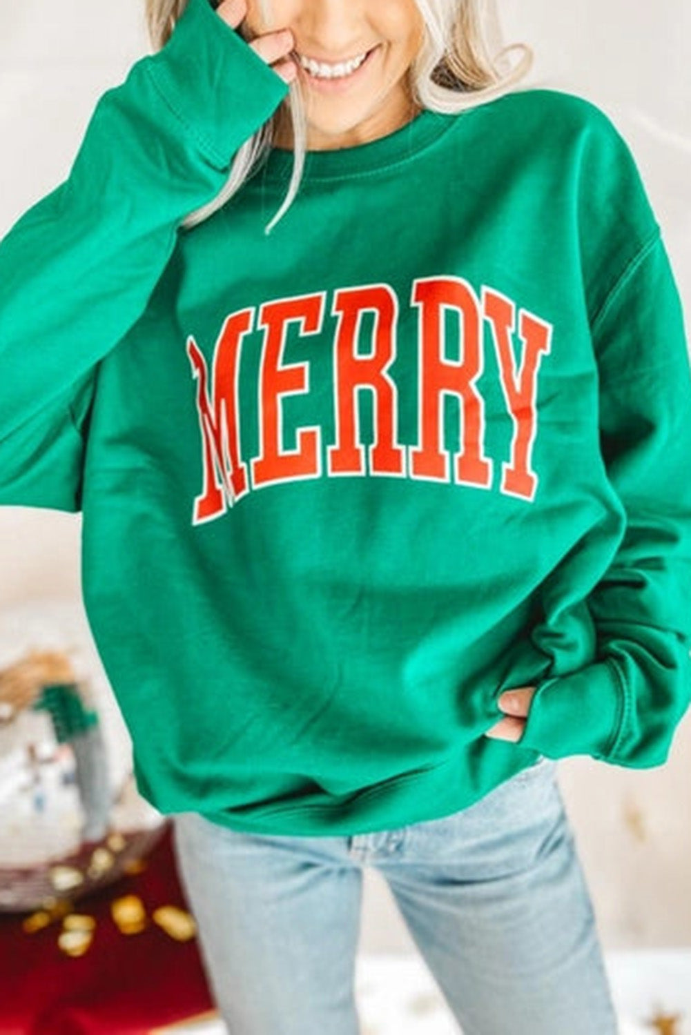 Bright Green MERRY Graphic Pullover Sweatshirt Sweatshirts & Hoodies JT's Designer Fashion
