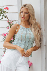 Beau Blue Tied Shoulder Pointelle Knit Tank Top Sweaters & Cardigans JT's Designer Fashion