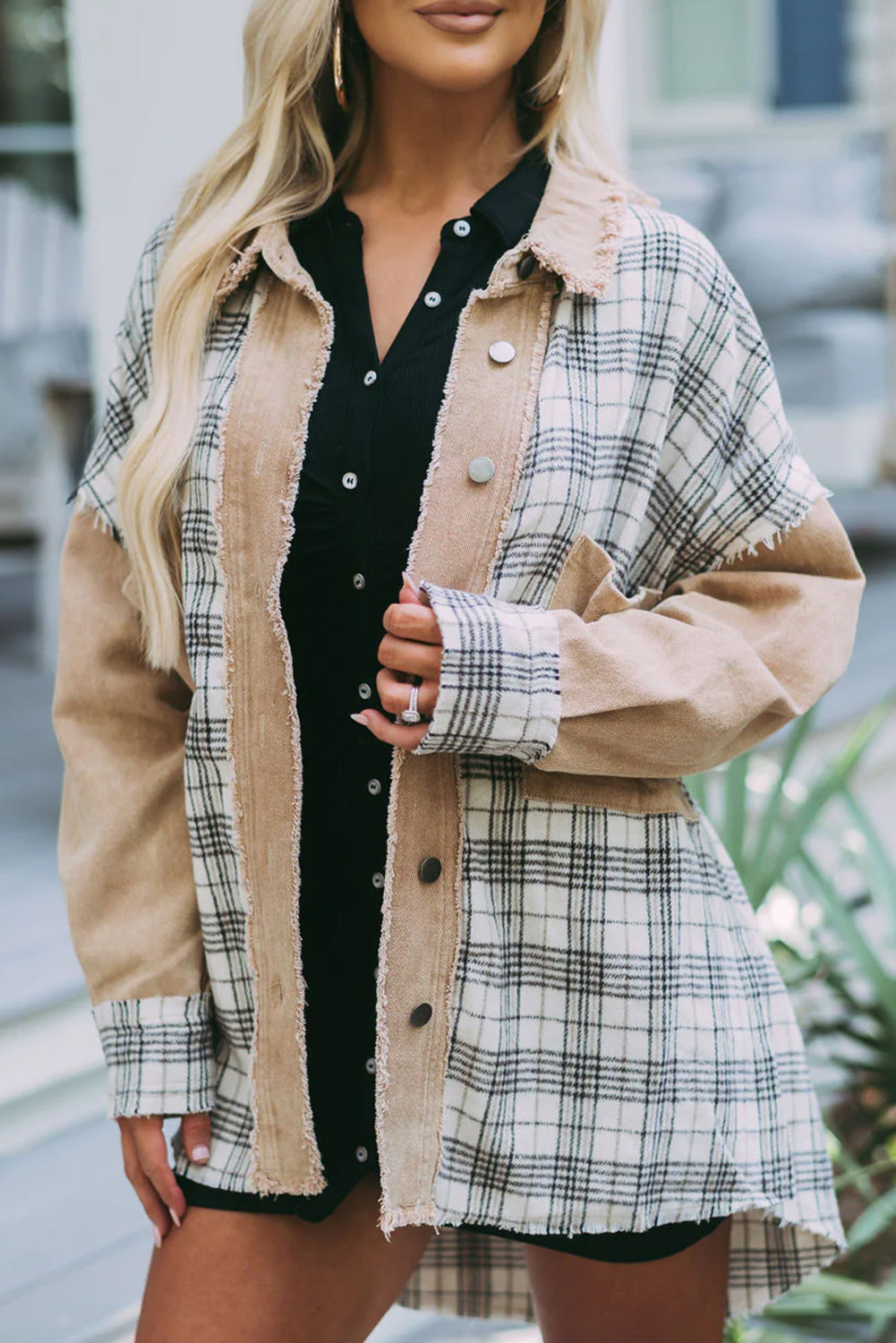 Khaki Distressed Raw Edge Plaid Patchwork Denim Jacket Denim jackets JT's Designer Fashion