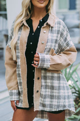 Khaki Distressed Raw Edge Plaid Patchwork Denim Jacket Denim jackets JT's Designer Fashion