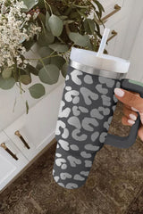 Gray Leopard Print 40OZ Stainless Steel Portable Cup with Handle Tumblers JT's Designer Fashion