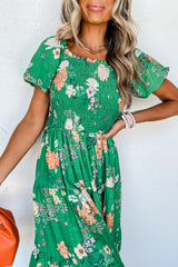 Green Floral Bubble Sleeve Smocked Tiered Long Dress Dresses JT's Designer Fashion