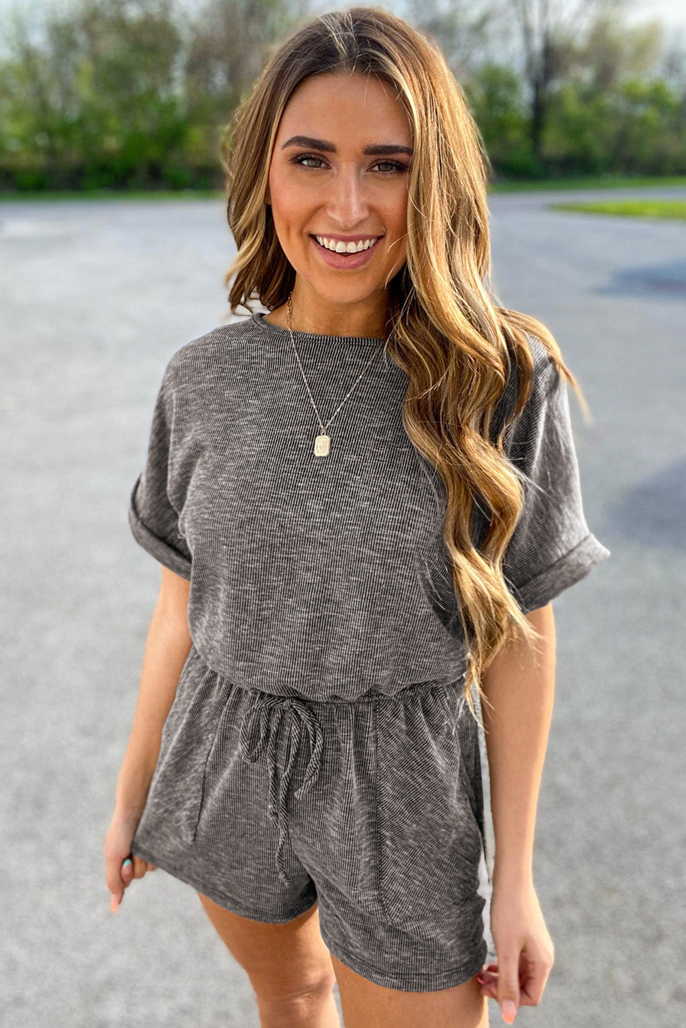 Gray Ribbed Elastic Waist Romper Jumpsuits & Rompers JT's Designer Fashion