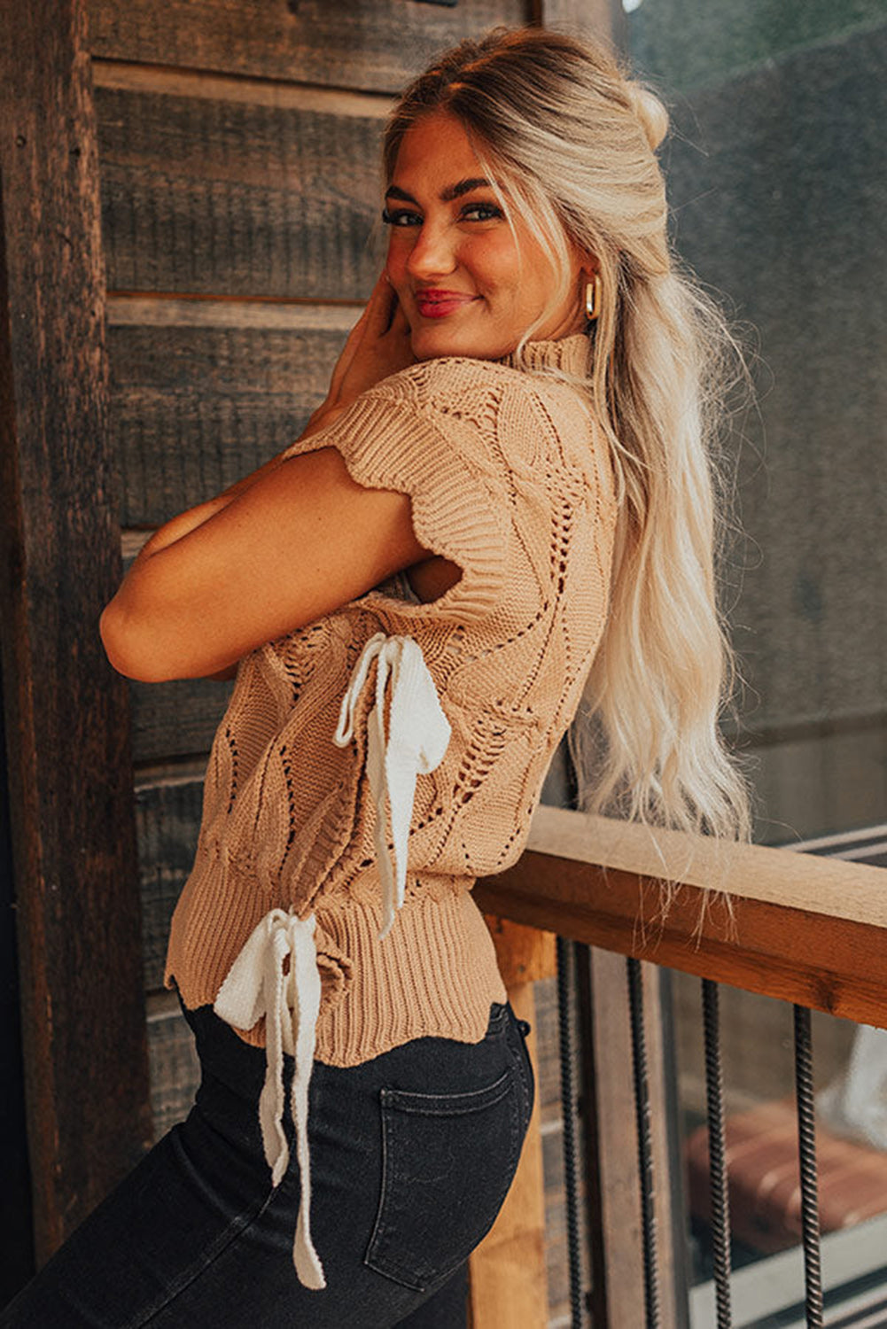 Flaxen Hollowed Knit Scalloped Trim High Neck Sweater Sweaters & Cardigans JT's Designer Fashion