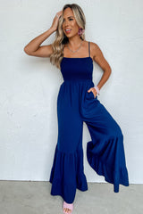 Navy Blue Spaghetti Straps Smocked Ruffled Wide Leg Jumpsuit Bottoms JT's Designer Fashion