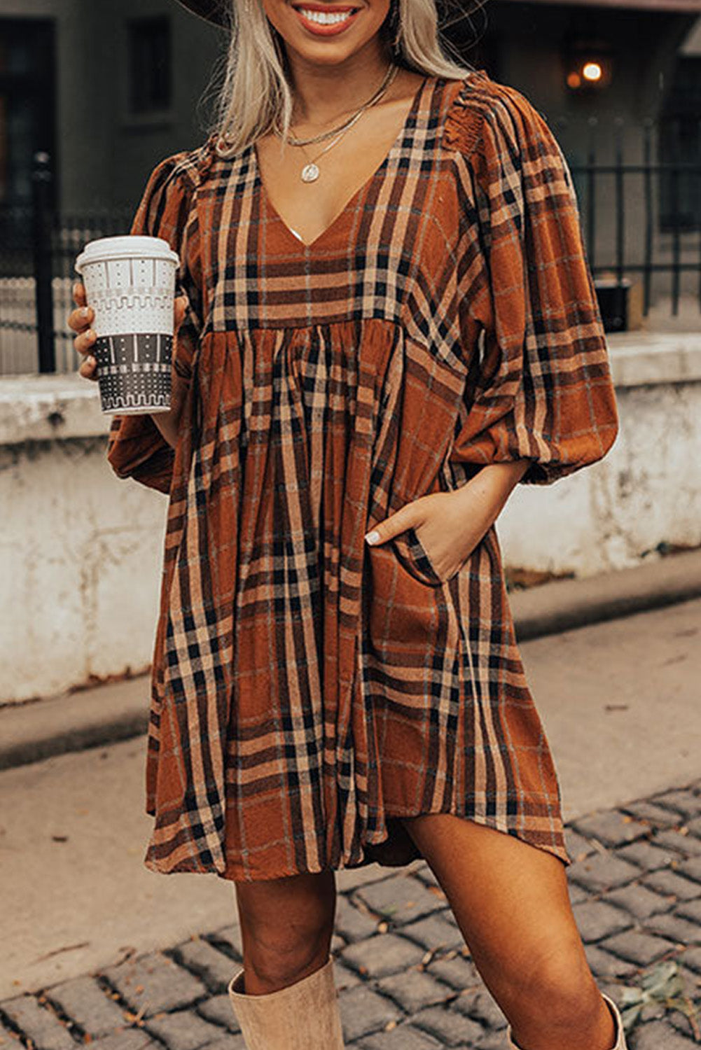 Brown Plaid Pattern Frilled Shoulder Empire Waist Babydoll Dress Dresses JT's Designer Fashion