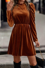 Chestnut Velvet Frilled Neck Gigot Sleeve Swing Dress Dresses JT's Designer Fashion
