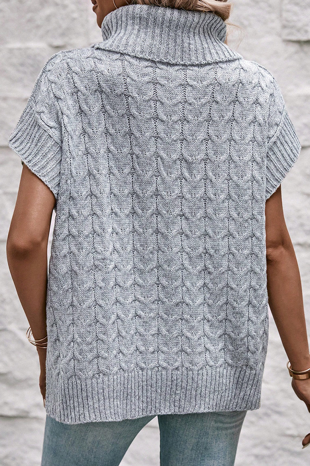 Medium Grey Turtleneck Short Batwing Sleeve Cable Knit Sweater Sweaters & Cardigans JT's Designer Fashion