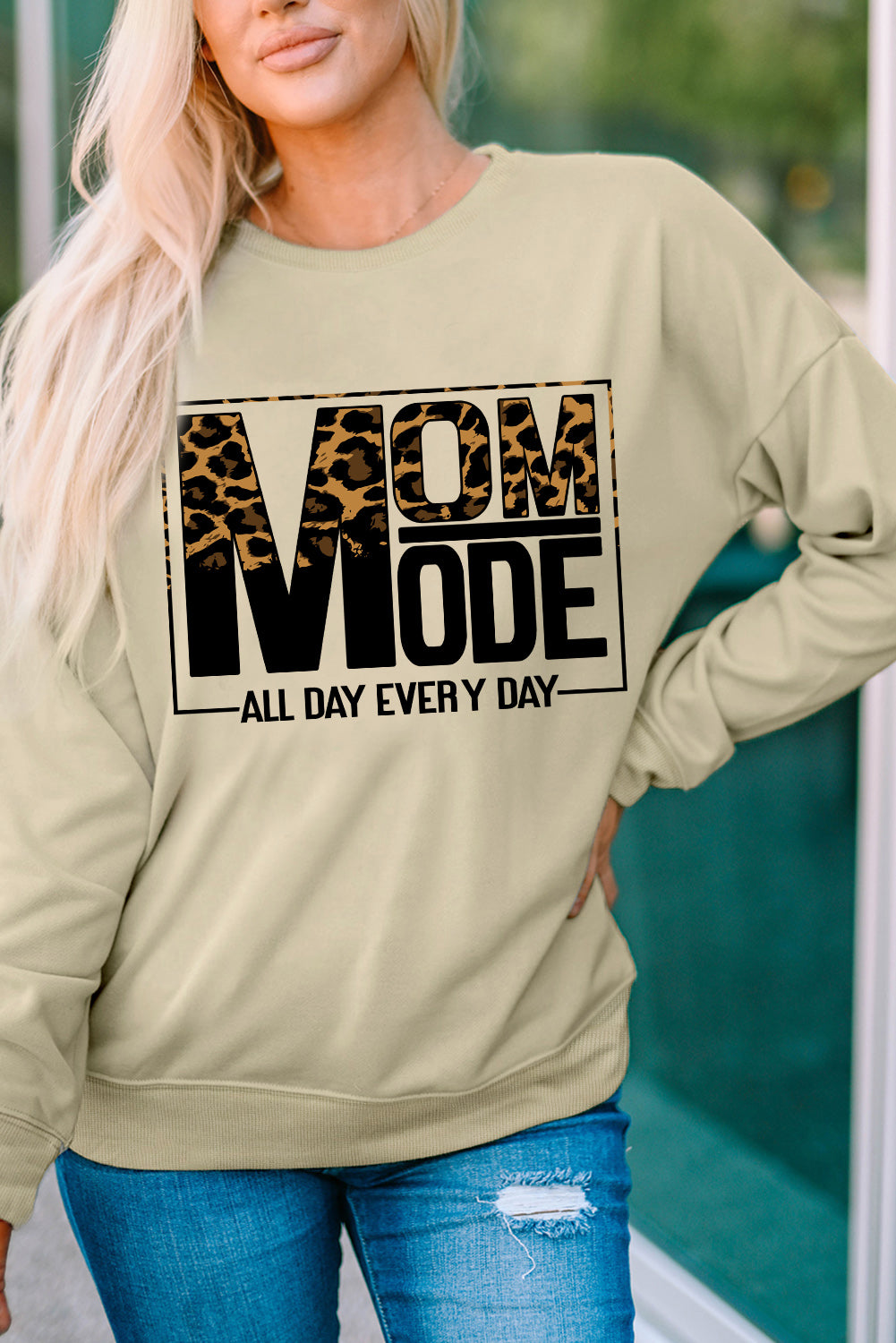 Khaki MOM MODE Leopard Print Long Sleeve Sweatshirt Graphic Sweatshirts JT's Designer Fashion