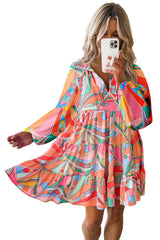 Multicolor Geometric Print Split Neck Ruffle Tiered Mini Dress Dresses JT's Designer Fashion