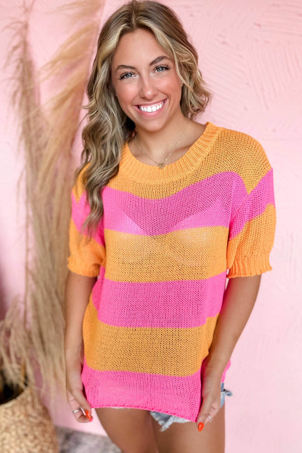 Orange Stripe Color Block Short Sleeve Knitted Sweater T Shirt Sweaters & Cardigans JT's Designer Fashion