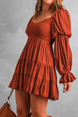 Brown Boho Solid Shirred Ruffle Mini Dress Mini Dresses JT's Designer Fashion