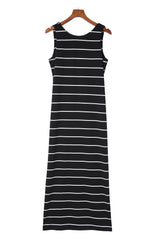 Black Stripe Print Open Back Sleeveless Long Dress with Slits Maxi Dresses JT's Designer Fashion