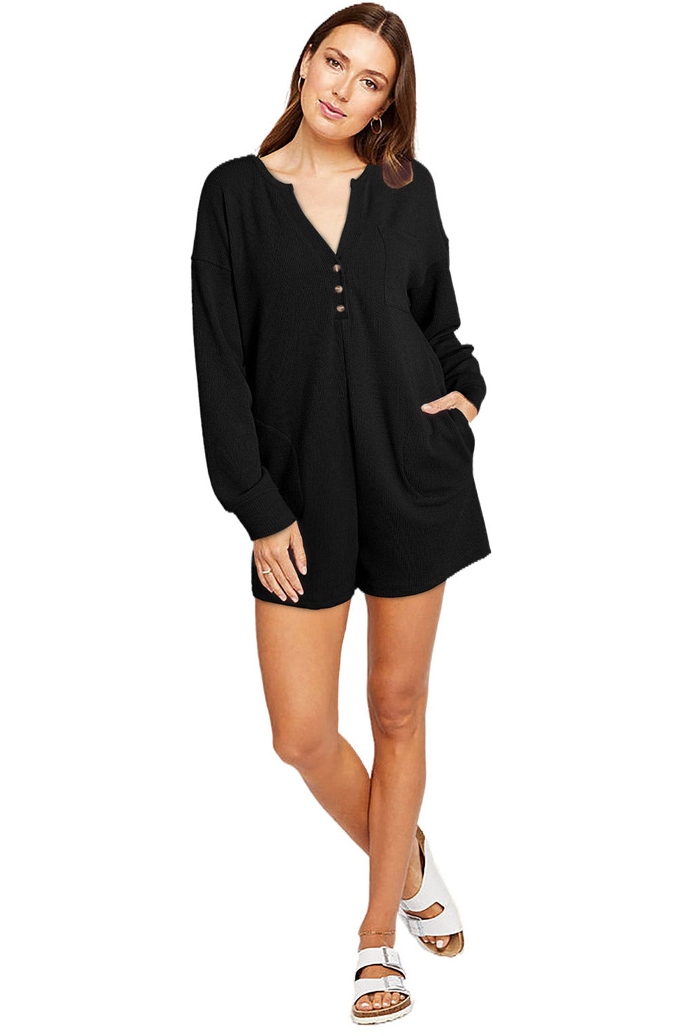 Black Brushed Ribbed Button Split V Neck Long Sleeve Romper Bottoms JT's Designer Fashion