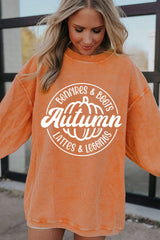 Orange Autumn Pumpkin Graphic Print Corded Oversized Sweatshirt Graphic Sweatshirts JT's Designer Fashion