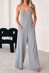 Gray Loose Fit Side Pockets Spaghetti Strap Wide Leg Jumpsuit Jumpsuits & Rompers JT's Designer Fashion