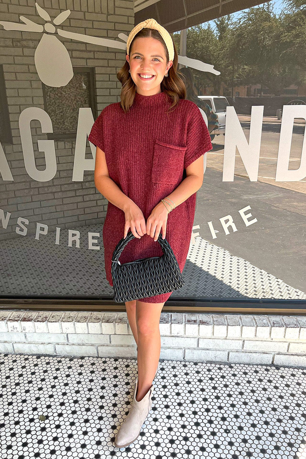 Ruby Patch Pocket Ribbed Knit Short Sleeve Sweater Dress Dresses JT's Designer Fashion