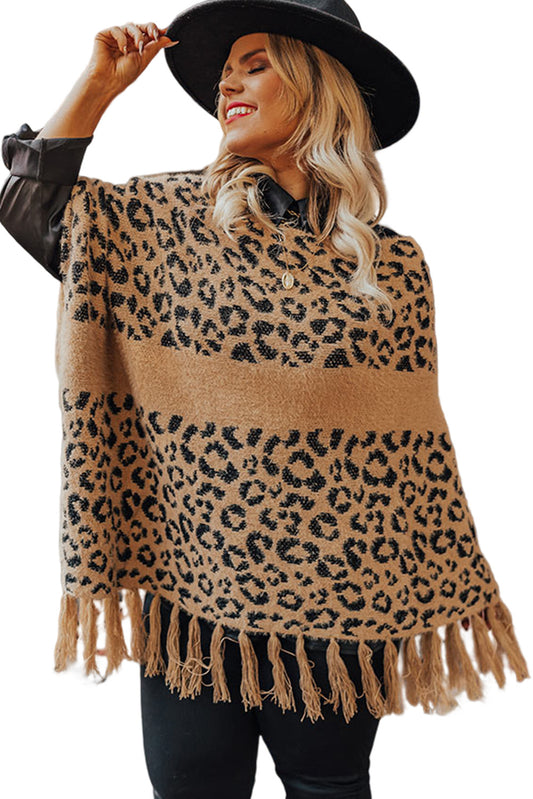 Leopard Plus Size Tasseled Hem Draped Poncho Plus Size JT's Designer Fashion