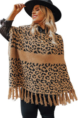 Leopard Plus Size Tasseled Hem Draped Poncho Plus Size JT's Designer Fashion