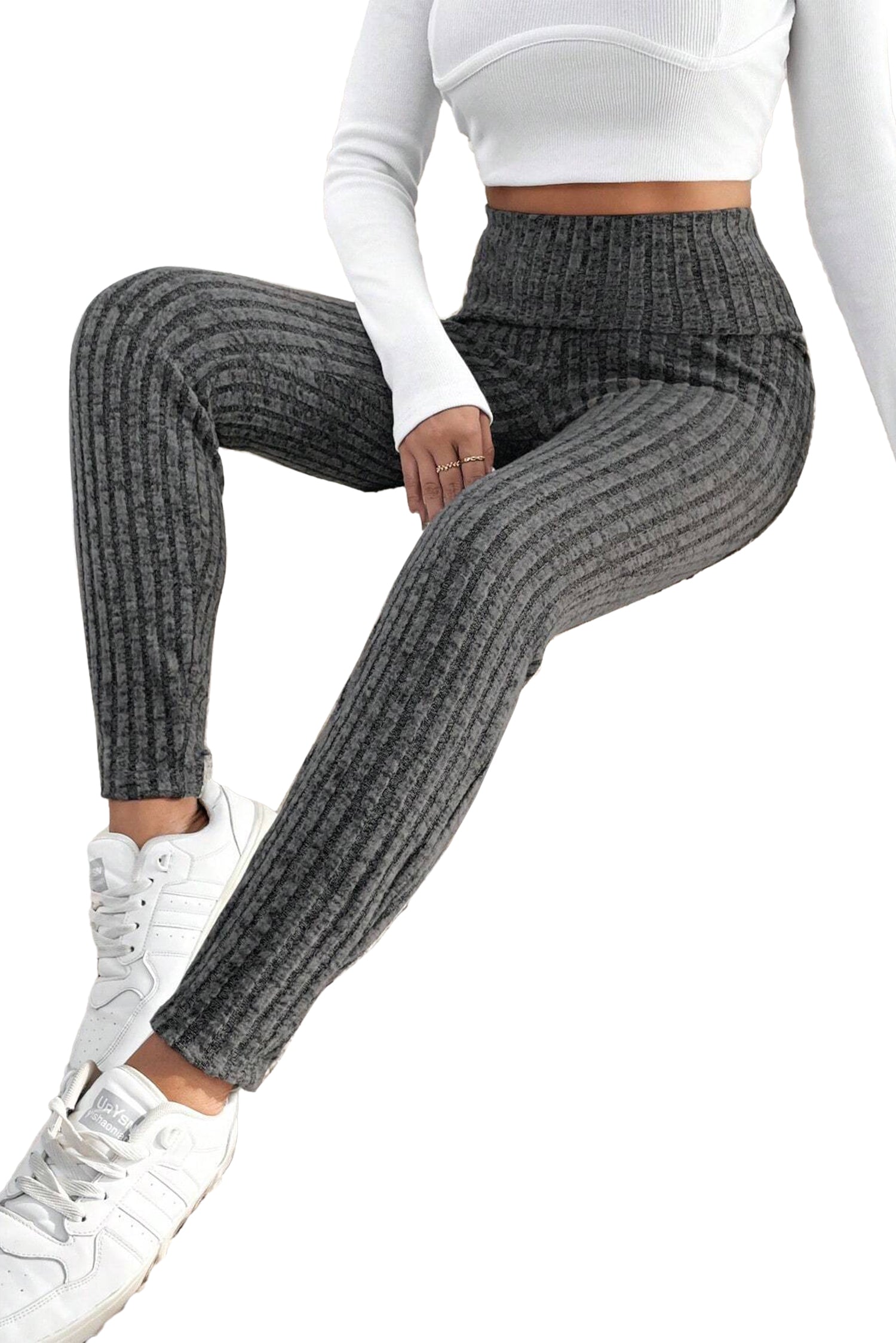 Dark Grey Wide Waistband Ribbed Textured Knit Leggings Bottoms JT's Designer Fashion